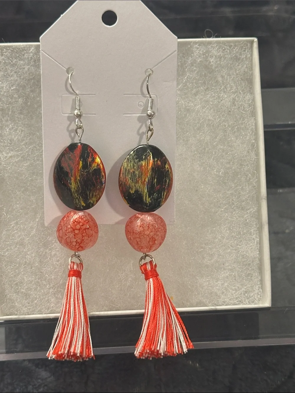 Handmade Red Tassel Dangle Earrings with Marbled Bead and Painted Oval Accent